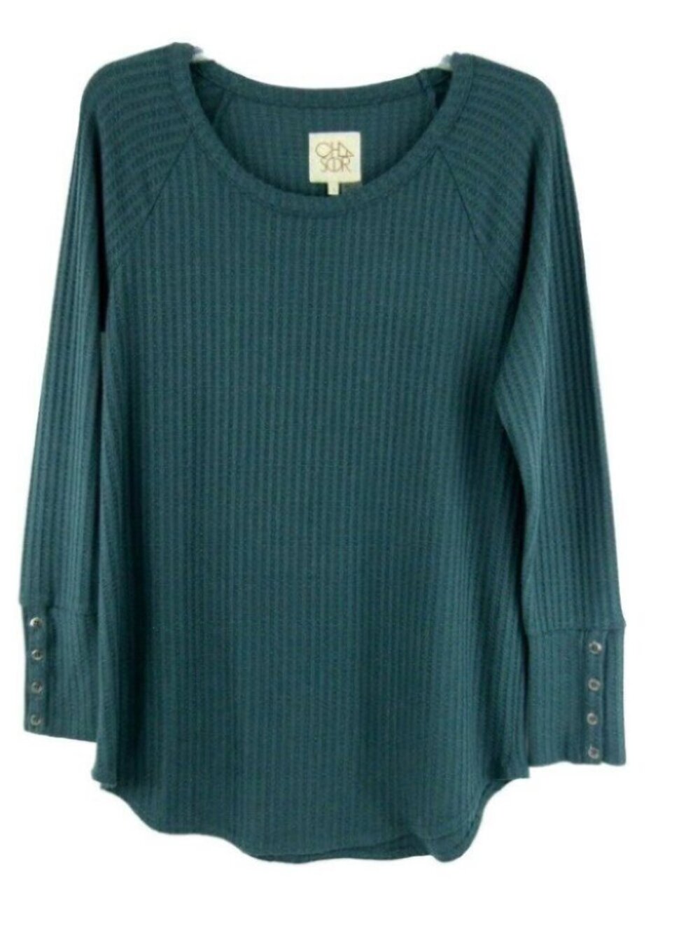 Chaser Green Waffle Knit Thermal Top Shirt Womens Size L Long Sleeve Button Cuff